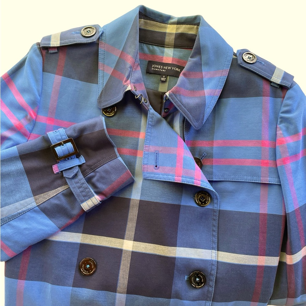 Jones New York Signature Blue Plaid Trench Coat